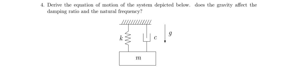 4. Derive the equation of motion of the system depicted below. does the gravity affect the
damping ratio and the natural frequency?
k
T
m
www
g