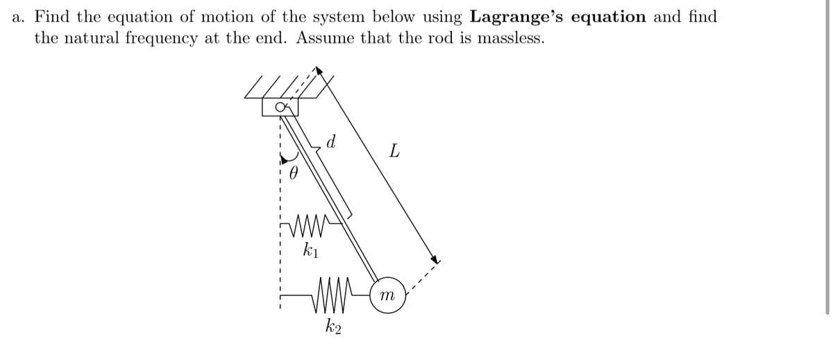 a. Find the equation of motion of the system below using Lagrange's equation and find
the natural frequency at the end. Assume that the rod is massless.
L
ти
k₁
www
k2
m
