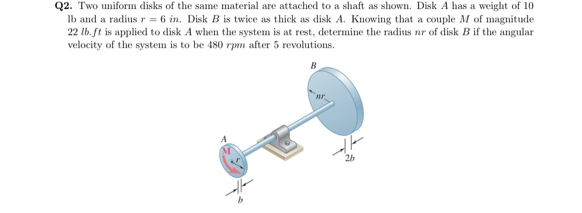 Q2. Two uniform disks of the same material are attached to a shaft as shown. Disk A has a weight of 10
lb and a radius r = 6 in. Disk B is twice as thick as disk A. Knowing that a couple M of magnitude
22 lb. ft is applied to disk A when the system is at rest, determine the radius nr of disk B if the angular
velocity of the system is to be 480 rpm after 5 revolutions.
A
M
b
B
2b