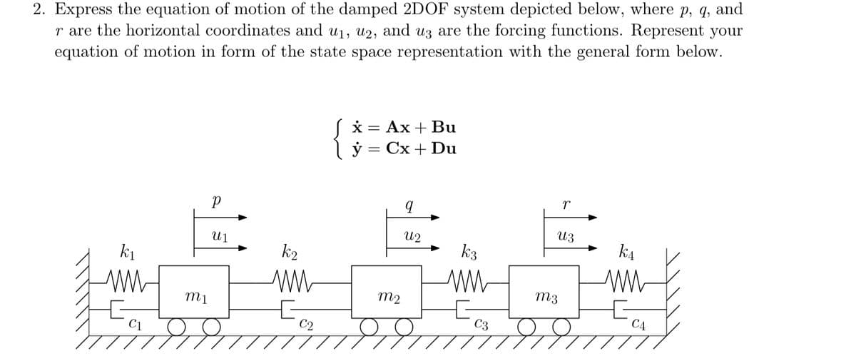 2. Express the equation of motion of the damped 2DOF system depicted below, where p, q, and
r are the horizontal coordinates and u₁, u2, and u3 are the forcing functions. Represent your
equation of motion in form of the state space representation with the general form below.
k₁
Ρ
ալ
√ x =
Ax + Bu
y = Cx + Du
r
q
ԱՅ
Աշ
КА
k3
k2
ww
ww
M3
M2
C4
C3
C₁
M1
ми
C2