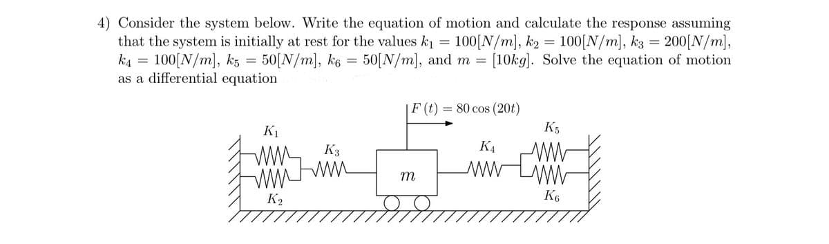 4) Consider the system below. Write the equation of motion and calculate the response assuming
that the system is initially at rest for the values k₁ 100[N/m], k2= 100[N/m], k3 = 200[N/m],
100[N/m], k5 = 50[N/m], k6: 50[N/m], and m = = [10kg]. Solve the equation of motion
k4
=
as a differential equation
=
F(t)
=
80 cos (20t)
K5
Κι
www
K3
ΚΑ
m
www
K6
K2