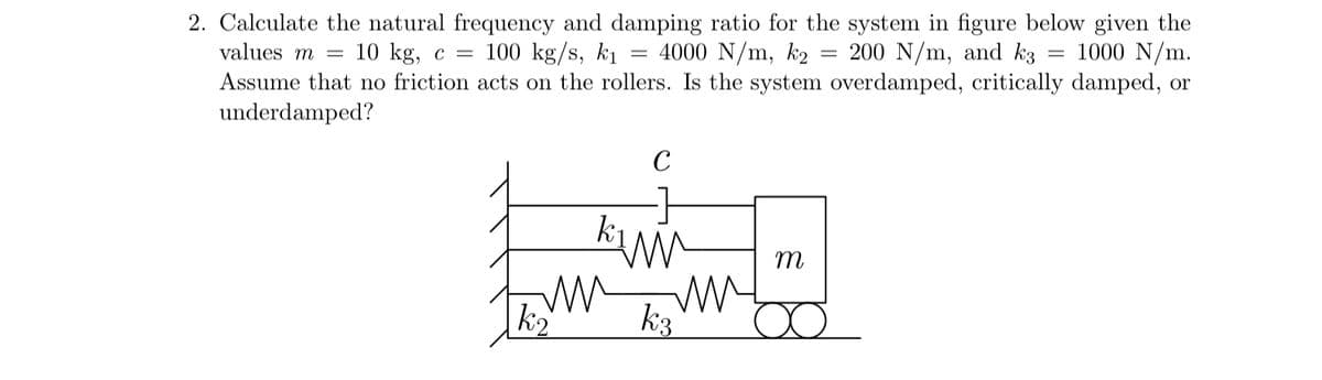 2. Calculate the natural frequency and damping ratio for the system in figure below given the
values m = 10 kg, c = 100 kg/s, k₁ 4000 N/m, k2 200 N/m, and k3 1000 N/m.
=
Assume that no friction acts on the rollers. Is the system overdamped, critically damped, or
underdamped?
C
кий
m
k₂
k3