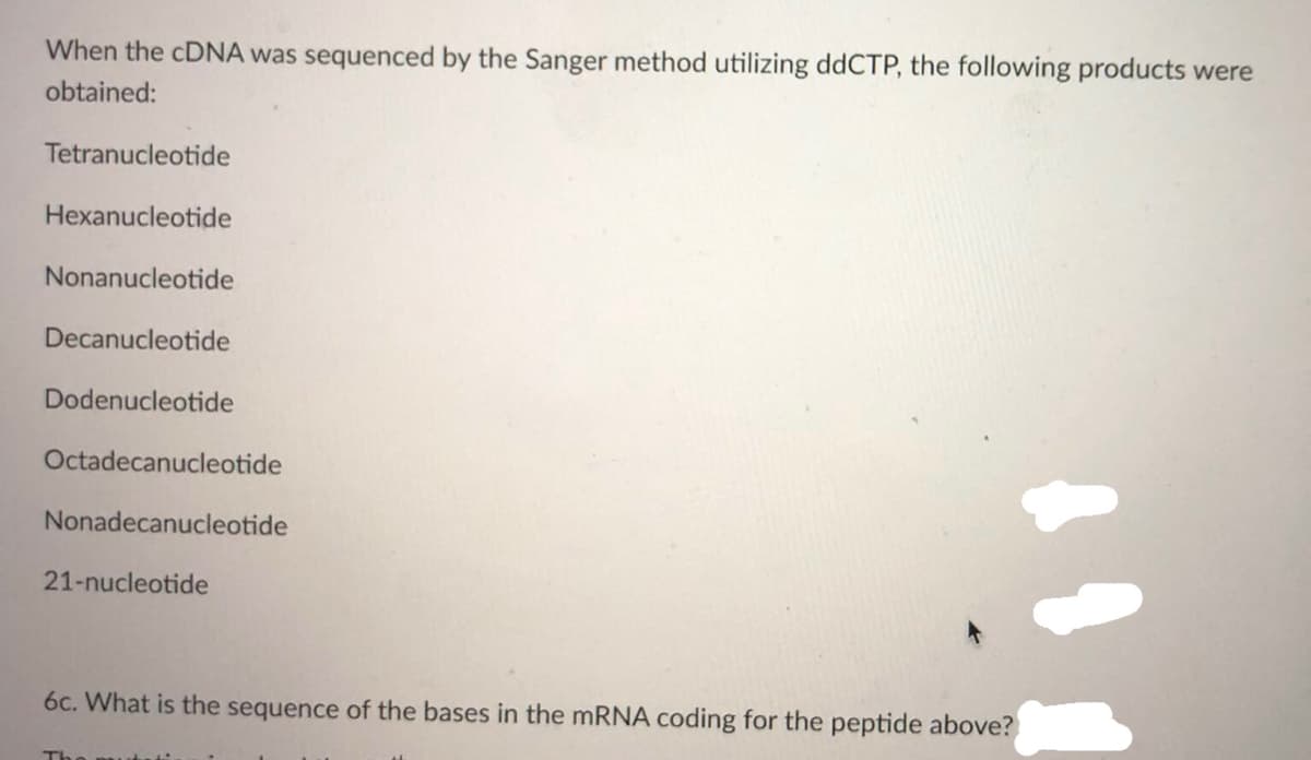 When the cDNA was sequenced by the Sanger method utilizing ddCTP, the following products were
obtained:
Tetranucleotide
Hexanucleotide
Nonanucleotide
Decanucleotide
Dodenucleotide
Octadecanucleotide
Nonadecanucleotide
21-nucleotide
6c. What is the sequence of the bases in the mRNA coding for the peptide above?
The