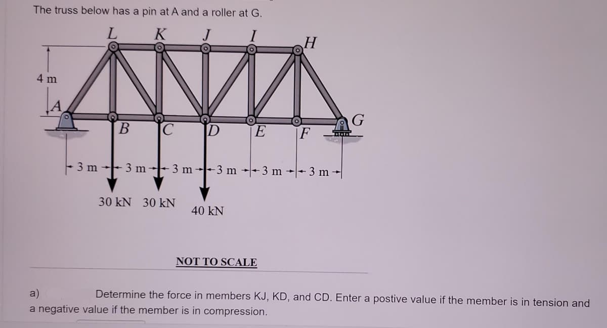 The truss below has a pin at A and a roller at G.
K
J
4 m
G
В
C
D
[F
- 3 m -- 3 m→+ 3 m -3 m →- 3 m →- 3 m
30 kN 30 kN
40 kN
NOT TO SCALE
a)
Determine the force in members KJ, KD, and CD. Enter a postive value
the member is in tension and
a negative value if the member is in compression.
