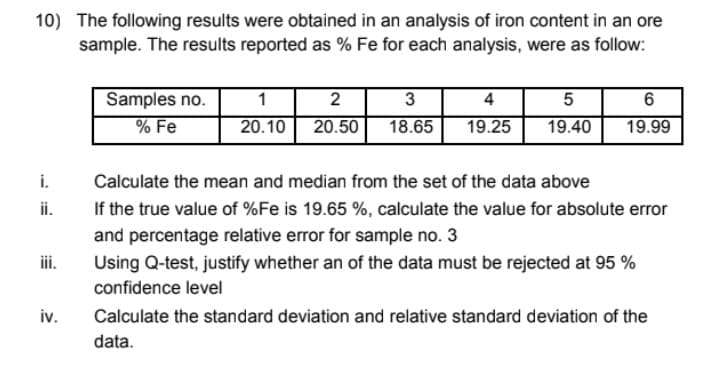 10) The following results were obtained in an analysis of iron content in an ore
sample. The results reported as % Fe for each analysis, were as follow:
Samples no.
1
3
4
5
6
% Fe
20.10
20.50
18.65
19.25
19.40
19.99
i.
Calculate the mean and median from the set of the data above
ii.
If the true value of %Fe is 19.65 %, calculate the value for absolute error
and percentage relative error for sample no. 3
Using Q-test, justify whether an of the data must be rejected at 95 %
ii.
confidence level
iv.
Calculate the standard deviation and relative standard deviation of the
data.
