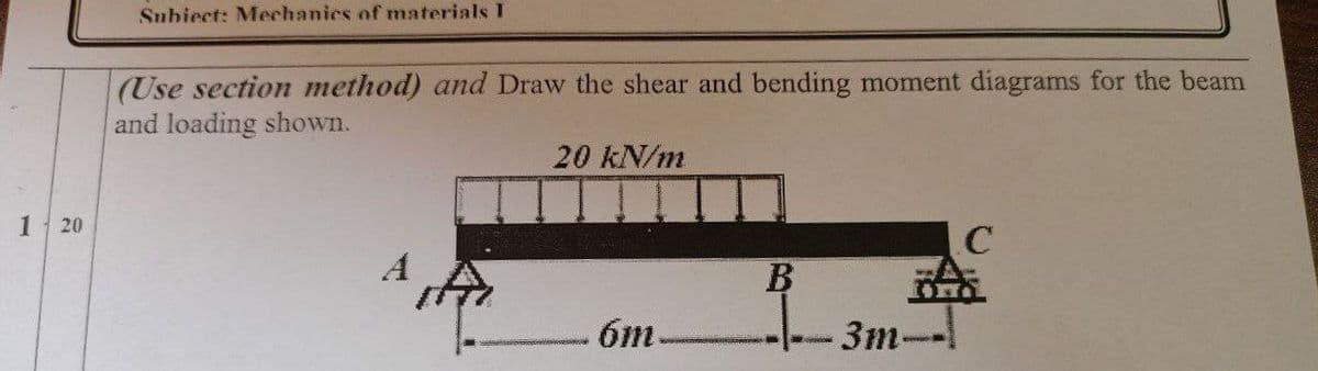 20
Subiect: Mechanics of materials I
(Use section method) and Draw the shear and bending moment diagrams for the beam
and loading shown.
A
20 kN/m
6m.
B
s
3m-