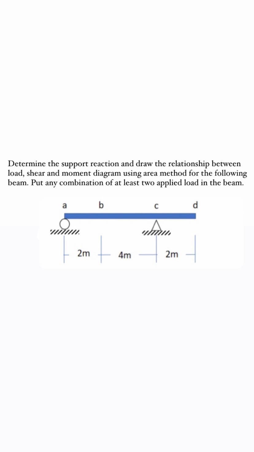 Determine the support reaction and draw the relationship between
load, shear and moment diagram using area method for the following
beam. Put any combination of at least two applied load in the beam.
a
2m
b
4m
uham
2m
d