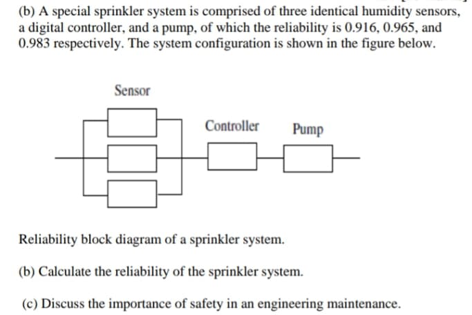 (b) A special sprinkler system is comprised of three identical humidity sensors,
a digital controller, and a pump, of which the reliability is 0.916, 0.965, and
0.983 respectively. The system configuration is shown in the figure below.
Sensor
Controller
Pump
Reliability block diagram of a sprinkler system.
(b) Calculate the reliability of the sprinkler system.
(c) Discuss the importance of safety in an engineering maintenance.
