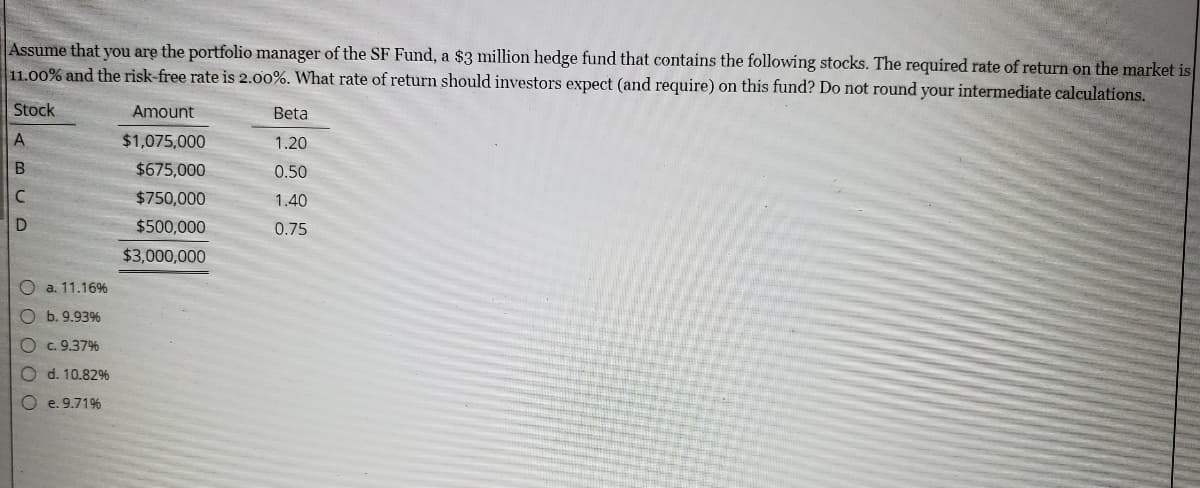 Assume that you are the portfolio manager of the SF Fund, a $3 million hedge fund that contains the following stocks. The requíred rate of return on the market is
11.00% and the risk-free rate is 2.00%. What rate of return should investors expect (and require) on this fund? Do not round your intermediate calculations.
Stock
Amount
Beta
$1,075,000
1.20
$675,000
0.50
C.
$750,000
1.40
$500,000
0.75
$3,000,000
O a. 11.16%
O b. 9.93%
O c. 9.37%
O d. 10.82%
O e. 9.71%
