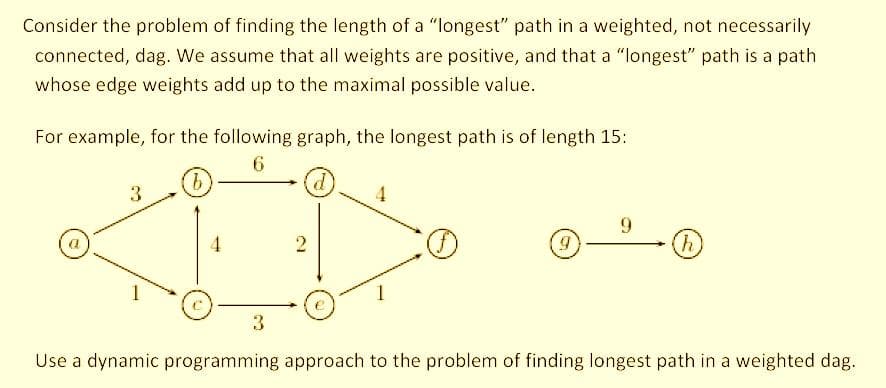 Consider the problem of finding the length of a "longest" path in a weighted, not necessarily
connected, dag. We assume that all weights are positive, and that a "longest" path is a path
whose edge weights add up to the maximal possible value.
For example, for the following graph, the longest path is of length 15:
9.
9.
(h)
2
3
Use a dynamic programming approach to the problem of finding longest path in a weighted dag.
