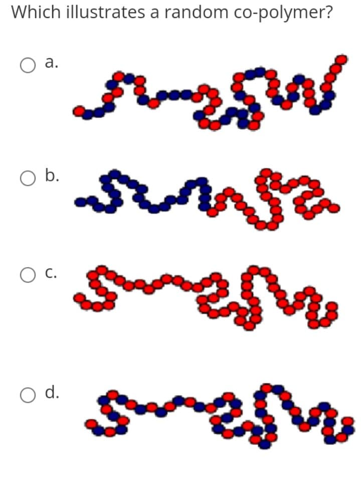 Which illustrates a random co-polymer?
а.
b.
wan
d.
