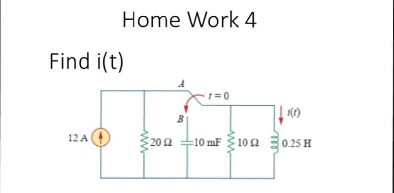 Home Work 4
A
t=0
Find i(t)
12 A
www
+ 20 Ω
B
-10 mF
10 52
ell
i(t)
0.25 H
