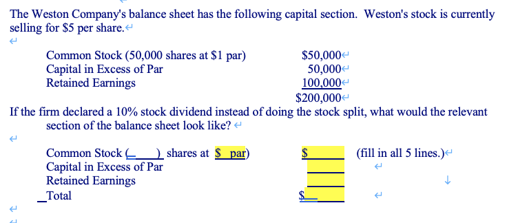 The Weston Company's balance sheet has the following capital section. Weston's stock is currently
selling for $5 per share.
Common Stock (50,000 shares at $1 par)
Capital in Excess of Par
Retained Earnings
$50,000
50,000
100,000-
$200,000
If the firm declared a 10% stock dividend instead of doing the stock split, what would the relevant
section of the balance sheet look like? -
Common Stock ) shares at $ par)
Capital in Excess of Par
Retained Earnings
_Total
(fill in all 5 lines.)e
