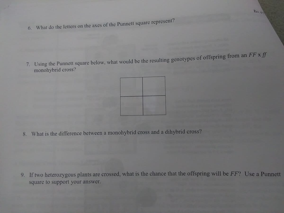 Rev. 67
6. What do the letters on the axes of the Punnett square represent?
7. Using the Punnett square below, what would be the resulting genotypes of offspring from an FF x ff
monohybrid cross?
8. What is the difference between a monohybrid cross and a dihybrid cross?
9. If two heterozygous plants are crossed, what is the chance that the offspring will be FF? Use a Punnett
square to support your answer.
