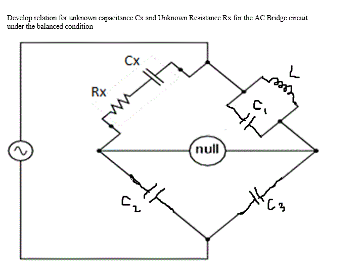 Develop relation for unknown capacitance Cx and Unknown Resistance Rx for the AC Bridge circuit
under the balanced condition
Cx
Rx
null
