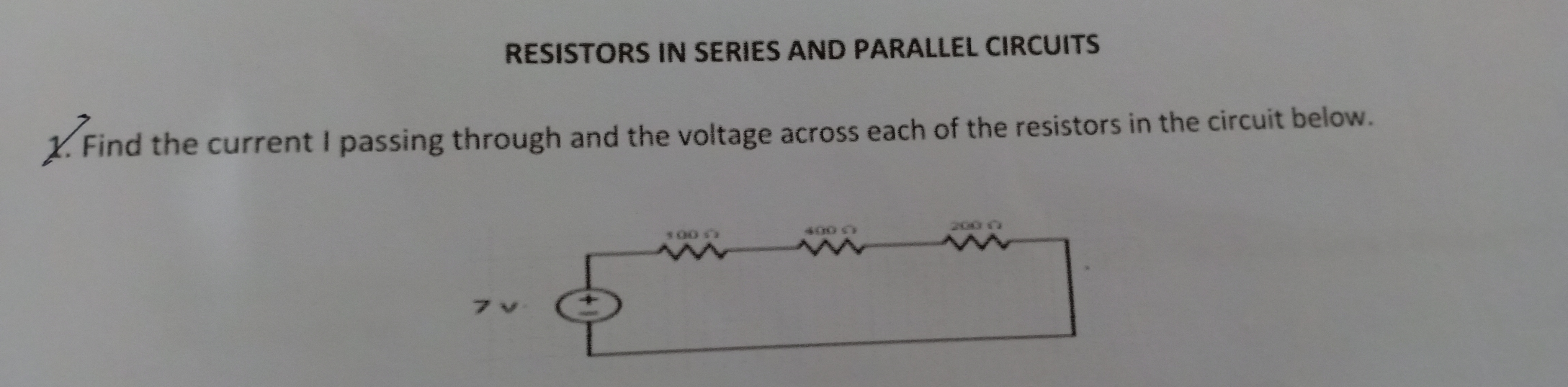 Find the current I passing through and the voltage across each of the resistors in the circuit below.

