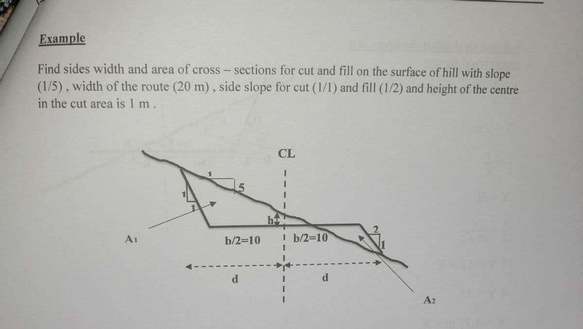 Example
Find sides width and area of cross - sections for cut and fill on the surface of hill with slope
(1/5), width of the route (20 m), side slope for cut (1/1) and fill (1/2) and height of the centre
in the cut area is 1 m.
CL
A1
b/2=10
I b/2-10
d
d.
A2
