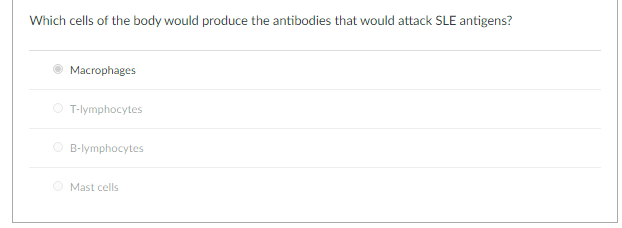 Which cells of the body would produce the antibodies that would attack SLE antigens?
Macrophages
O T-lymphocytes
B-lymphocytes
Mast cells
