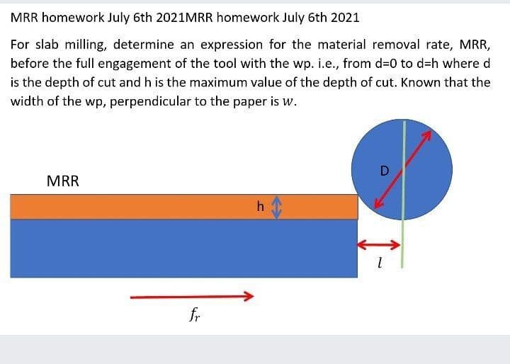 MRR homework July 6th 2021MRR homework July 6th 2021
For slab milling, determine an expression for the material removal rate, MRR,
before the full engagement of the tool with the wp. i.e., from d=0 to d=h where d
is the depth of cut and h is the maximum value of the depth of cut. Known that the
width of the wp, perpendicular to the paper is w.
MRR
fr
