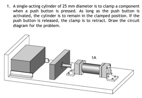 1. A single-acting cylinder of 25 mm diameter is to clamp a component
when a push button is pressed. As long as the push button is
activated, the cylinder is to remain in the clamped position. If the
push button is released, the clamp is to retract. Draw the circuit
diagram for the problem.
1A
