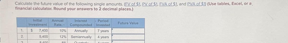 Calculate the future value of the following single amounts. (FV of $1, PV of $1, FVA of $1, and PVA of $1) (Use tables, Excel, or a
financial calculator. Round your answers to 2 decimal places.)
1.
2.
3
Initial Annual
Interest
Investment Rate," Compounded
$
10% Annually
12%
8%
7,400
5,400
8.400
Semiannually
Quarterly
Period
Invested
7 years
4 years
4 voorn
A
Future Value