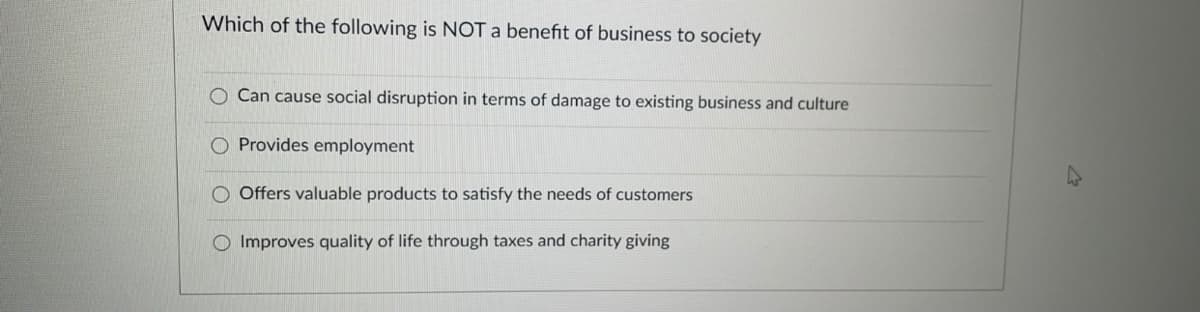 Which of the following is NOT a benefit of business to society
Can cause social disruption in terms of damage to existing business and culture
O Provides employment
O Offers valuable products to satisfy the needs of customers
O Improves quality of life through taxes and charity giving
