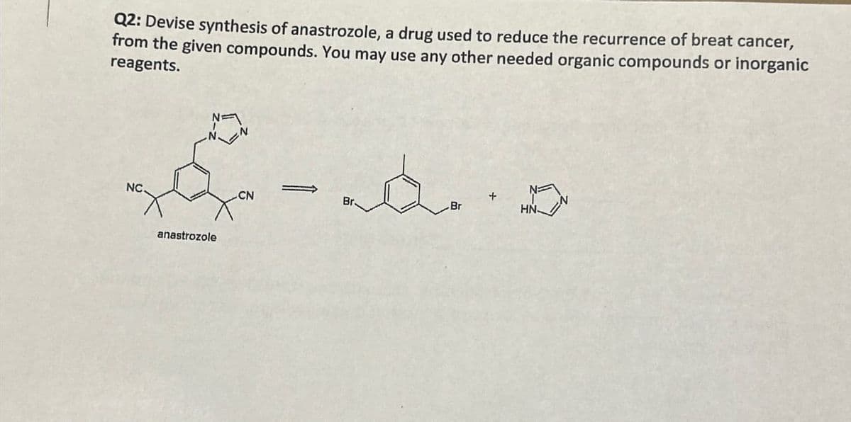 Q2: Devise synthesis of anastrozole, a drug used to reduce the recurrence of breat cancer,
from the given compounds. You may use any other needed organic compounds or inorganic
reagents.
བར་མིང་དང་།  ོན་ན་ན་ན་ན་ན་ དེ་
NC.
anastrozole
CN
Br.
Br
HN-