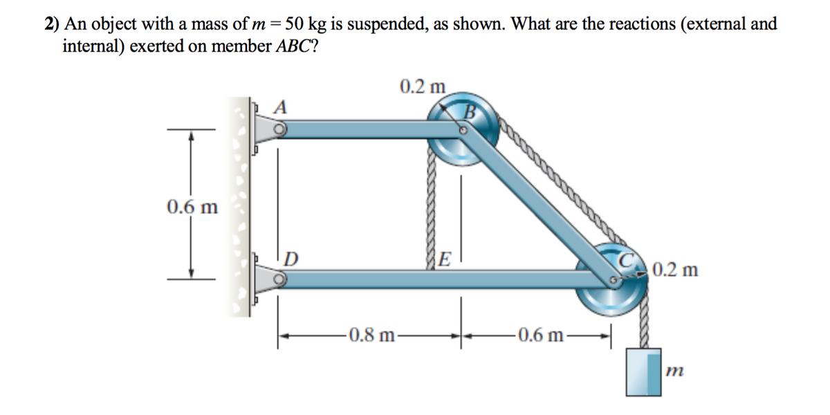 2) An object with a mass of m = 50 kg is suspended, as shown. What are the reactions (external and
internal) exerted on member ABC?
T
0.6 m
A
D
0.2 m
-0.8 m-
E
-0.6 m
0.2 m
m