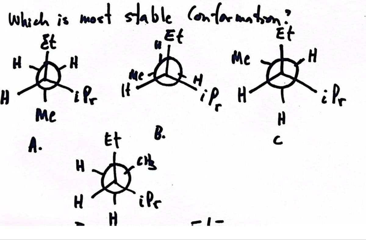 which is most stable conformation int
Et
Me
*
H
H
Me
H
A.
"iPr It'
H
HA
Et
Me
H
B.
CH₂
ile
Hips
H-
H
с
H
ilr