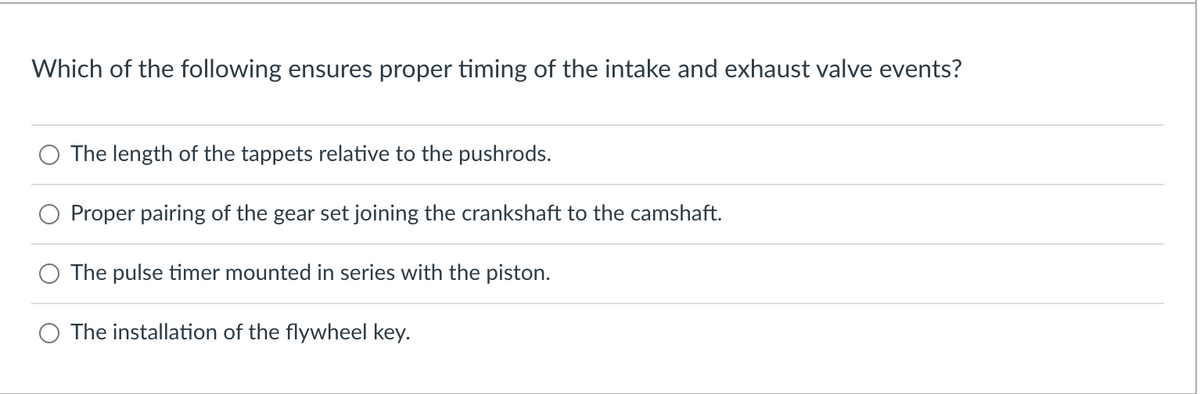 Which of the following ensures proper timing of the intake and exhaust valve events?
The length of the tappets relative to the pushrods.
Proper pairing of the gear set joining the crankshaft to the camshaft.
The pulse timer mounted in series with the piston.
The installation of the flywheel key.