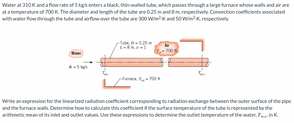 Water at 310 K and a flow rate of 5 kg/s enters a black, thin-walled tube, which passes through a large furnace whose walls and air are
at a temperature of 700 K. The diameter and length of the tube are 0.25 m and 8 m, respectively. Convection coefficients associated
with water flow through the tube and airflow over the tube are 300 W/m²-K and 50 W/m².K, respectively.
-Tube, D = 0.25 m
L = 8 m, & = 1
Air
T= 700 K
Water
m = 5 kg/s
Imo
m.i
-Furnace, Tur 700 K
=
Write an expression for the linearized radiation coefficient corresponding to radiation exchange between the outer surface of the pipe
and the furnace walls. Determine how to calculate this coefficient if the surface temperature of the tube is represented by the
arithmetic mean of its inlet and outlet values. Use these expressions to determine the outlet temperature of the water, Tm,o, in K.