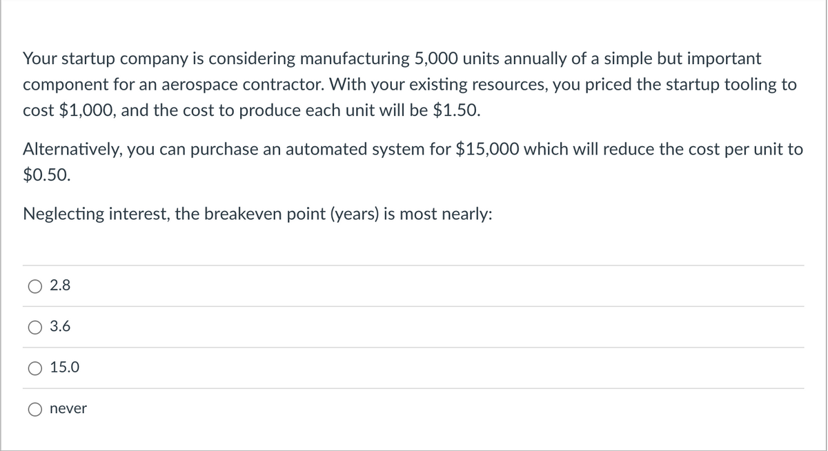 Your startup company is considering manufacturing 5,000 units annually of a simple but important
component for an aerospace contractor. With your existing resources, you priced the startup tooling to
cost $1,000, and the cost to produce each unit will be $1.50.
Alternatively, you can purchase an automated system for $15,000 which will reduce the cost per unit to
$0.50.
Neglecting interest, the breakeven point (years) is most nearly:
2.8
3.6
15.0
never