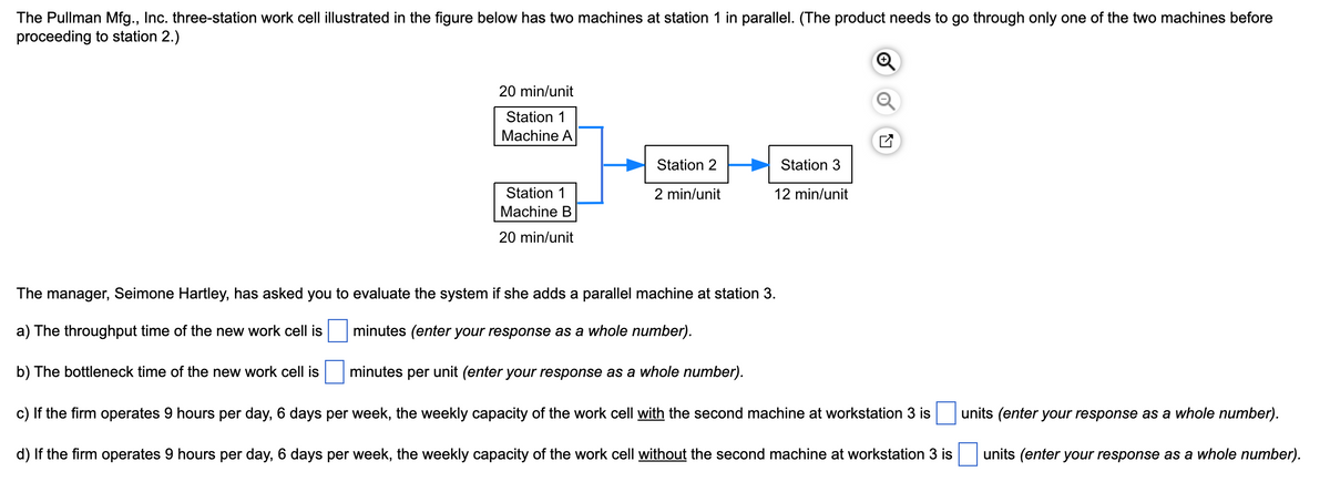 The Pullman Mfg., Inc. three-station work cell illustrated in the figure below has two machines at station 1 in parallel. (The product needs to go through only one of the two machines before
proceeding to station 2.)
20 min/unit
Station 1
Machine A
b) The bottleneck time of the new work cell is
Station 1
Machine B
20 min/unit
Station 2
2 min/unit
Station 3
12 min/unit
+
The manager, Seimone Hartley, has asked you to evaluate the system if she adds a parallel machine at station 3.
a) The throughput time of the new work cell is
minutes (enter your response as a whole number).
minutes per unit (enter your response as a whole number).
c) If the firm operates 9 hours per day, 6 days per week, the weekly capacity of the work cell with the second machine at workstation 3 is
units (enter your response as a whole number).
d) If the firm operates 9 hours per day, 6 days per week, the weekly capacity of the work cell without the second machine at workstation 3 is units (enter your response as a whole number).