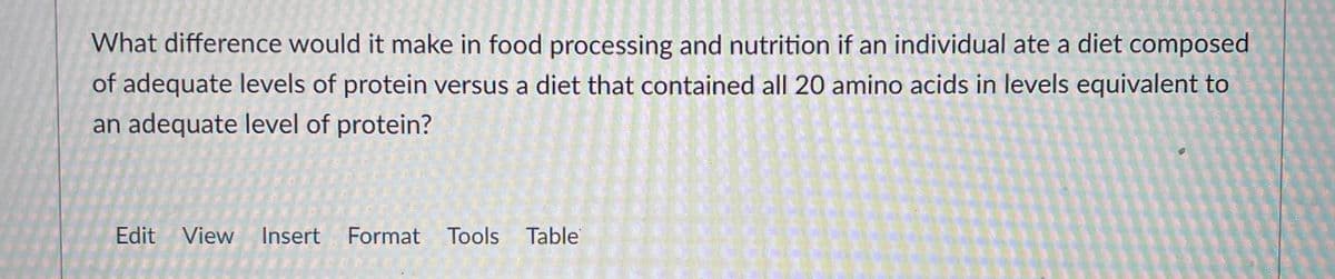 What difference would it make in food processing and nutrition if an individual ate a diet composed
of adequate levels of protein versus a diet that contained all 20 amino acids in levels equivalent to
an adequate level of protein?
Edit View Insert
Format Tools Table
