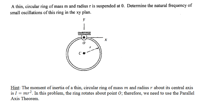 A thin, circular ring of mass m and radius r is suspended at 0. Determine the natural frequency of
small oscillations of this ring in the xy plan.
y
Hint: The moment of inertia of a thin, circular ring of mass m and radius r about its central axis
is I = mr². In this problem, the ring rotates about point 0; therefore, we need to use the Parallel
Axis Theorem.
