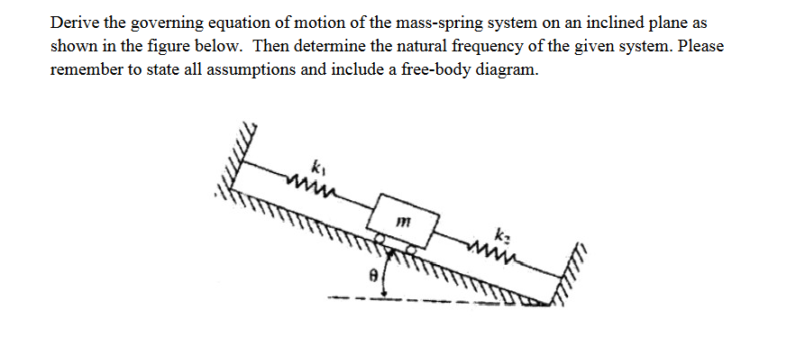 Derive the governing equation of motion of the mass-spring system on an inclined plane as
shown in the figure below. Then determine the natural frequency of the given system. Please
remember to state all assumptions and include a free-body diagram.
ki
ww
k:
m
www
A