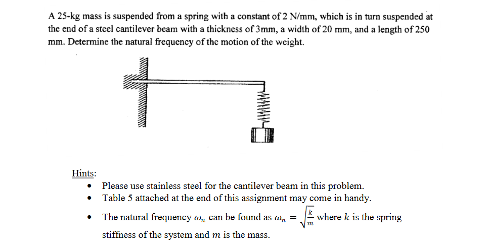 A 25-kg mass is suspended from a spring with a constant of 2 N/mm, which is in turn suspended at
the end of a steel cantilever beam with a thickness of 3mm, a width of 20 mm, and a length of 250
mm. Determine the natural frequency of the motion of the weight.
+
Hints:
Please use stainless steel for the cantilever beam in this problem.
Table 5 attached at the end of this assignment may come in handy.
m
The natural frequency w₂ can be found as wn = where k is the spring
stiffness of the system and m is the mass.