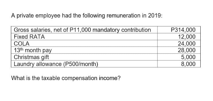 A private employee had the following remuneration in 2019:
Gross salaries, net of P11,000 mandatory contribution
P314,000
12,000
24,000
28,000
5,000
8,000
Fixed RATA
COLA
13th month pay
Christmas gift
Laundry allowance (P500/month)
What is the taxable compensation income?
