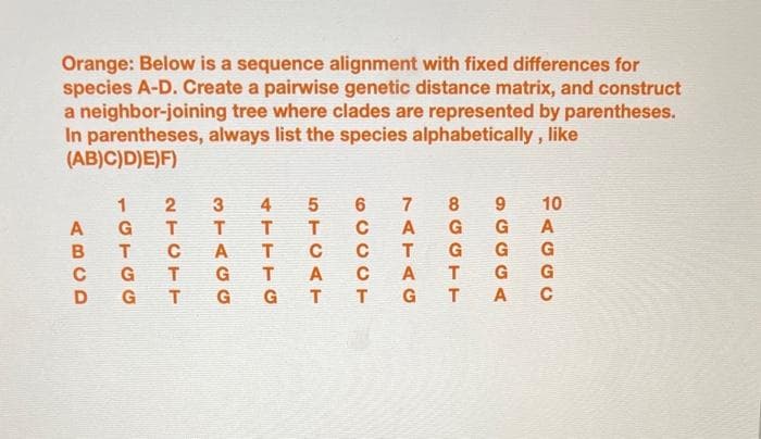 Orange: Below is a sequence alignment with fixed differences for
species A-D. Create a pairwise genetic distance matrix, and construct
a neighbor-joining tree where clades are represented by parentheses.
In parentheses, always list the species alphabetically, like
(AB)C)D)E)F)
ABCD
1 2 3
GT
T C
G
T
T
D G
3TAGG
5111G
4
T
T
T
STCAT
5 6
1CCC9
7 8
A
T
1CGT8
CA Т
TTG T
9
SGGGA
А
2AGG1
10
А
