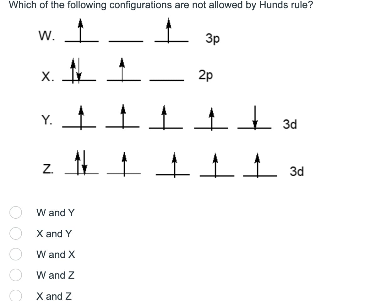 Which of the following configurations are not allowed by Hunds rule?
W.
X.
Y.
Z.
N
3p
MANAJ
1 1 1
W and Y
X and Y
W and X
W and Z
X and Z
2p
ㅗ 3d
3d