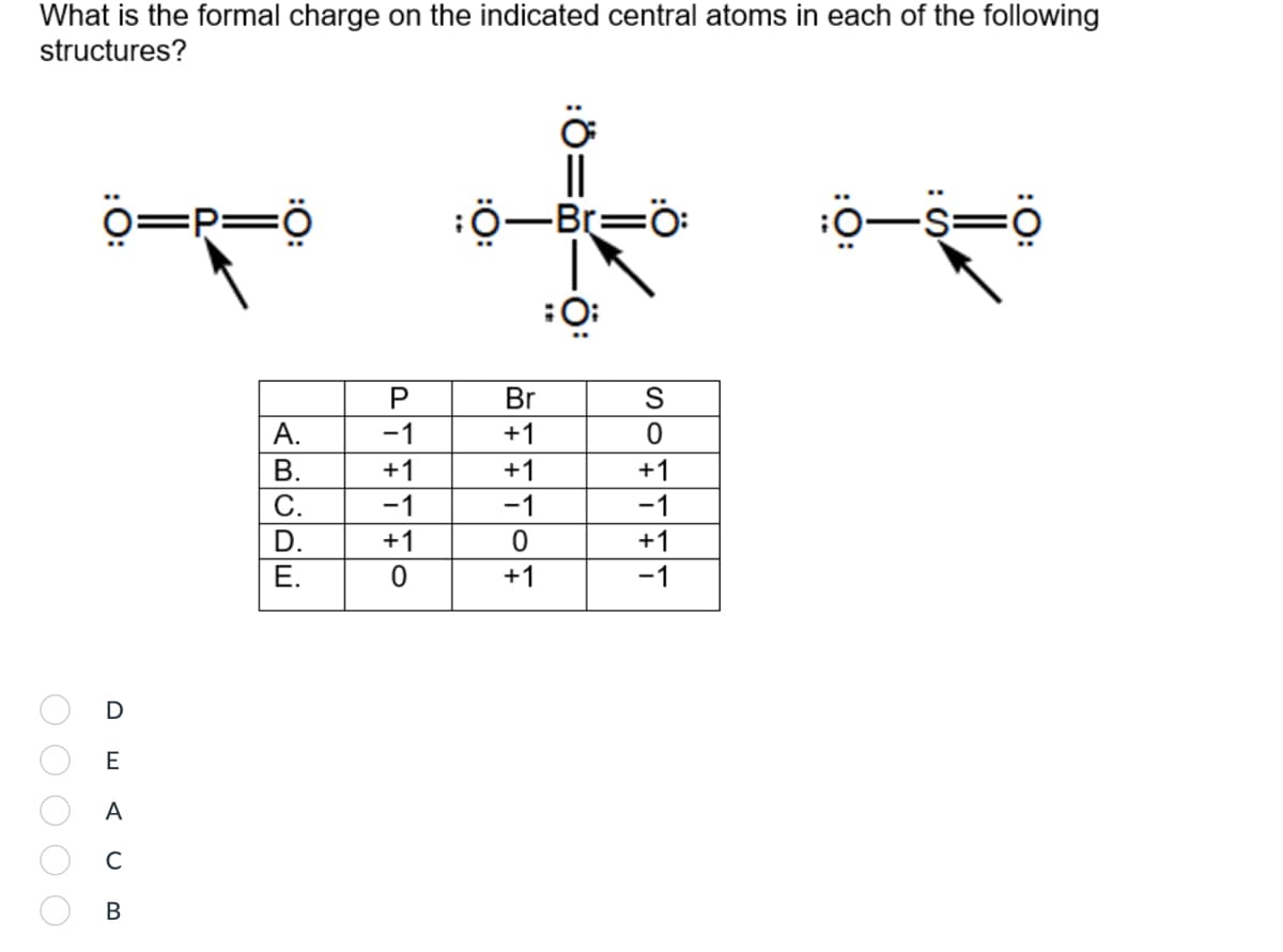 What is the formal charge on the indicated central atoms in each of the following
structures?
0 0 0 0 О
O=P=0
D
E
A
C
B
ABCDE
A.
B.
C.
D.
E.
P
-1
+1
-1
+1
Ol
0-Br=0:
:O:
Br
+1
+1
-1
0
+1
S
0
+1
-1
+1
-1
:0—S=0