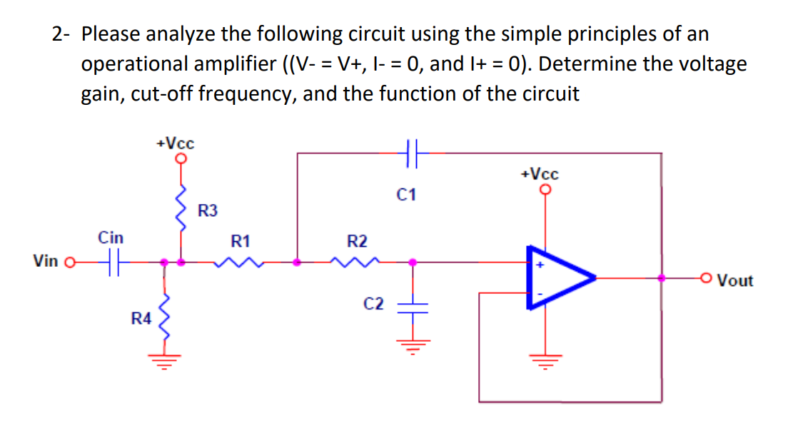 2- Please analyze the following circuit using the simple principles of an
operational amplifier ((V- = V+, I- = 0, and I+ = 0). Determine the voltage
gain, cut-off frequency, and the function of the circuit
%3D
+Vcc
+Vc
C1
R3
Cin
R1
R2
Vin O
O Vout
C2
R4
