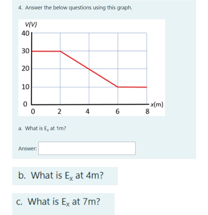 4. Answer the below questions using this graph.
V(V)
4
6
40
30
20
10
0
0
2
a. What is Ex at 1m?
Answer:
b. What is Ex at 4m?
c. What is Ex at 7m?
-x(m)
8