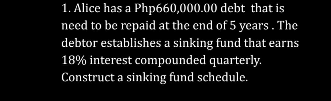 1. Alice has a Php660,000.00 debt that is
need to be repaid at the end of 5 years. The
debtor establishes a sinking fund that earns
18% interest compounded quarterly.
Construct a sinking fund schedule.