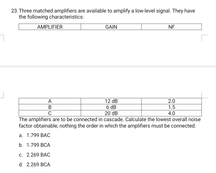 23. Three matched amplifiers are available to amplify a low-level signal. They have
the following characteristics:
AMPLIFIER
GAIN
NF
12 dB
6 dB
20 dB
The amplifiers are to be connected in cascade. Calculate the lowest overall noise
factor obtainable, nothing the order in which the amplifiers must be connected.
A
2.0
В
1.5
4.0
а. 1.799 ВАС
b. 1.799 BСА
С. 2.269 ВАС
d. 2.269 BCA
