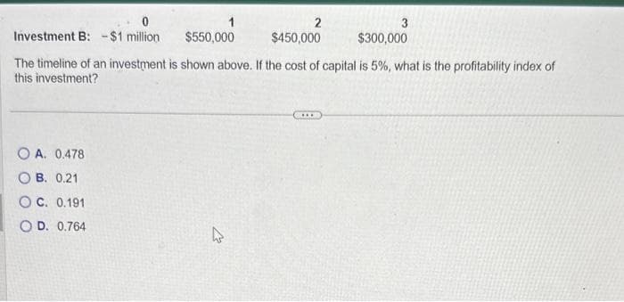 2
3
$550,000
$450,000
$300,000
The timeline of an investment is shown above. If the cost of capital is 5%, what is the profitability index of
this investment?
0
Investment B: -$1 million
OA. 0.478
OB. 0.21
OC. 0.191
OD. 0.764
***