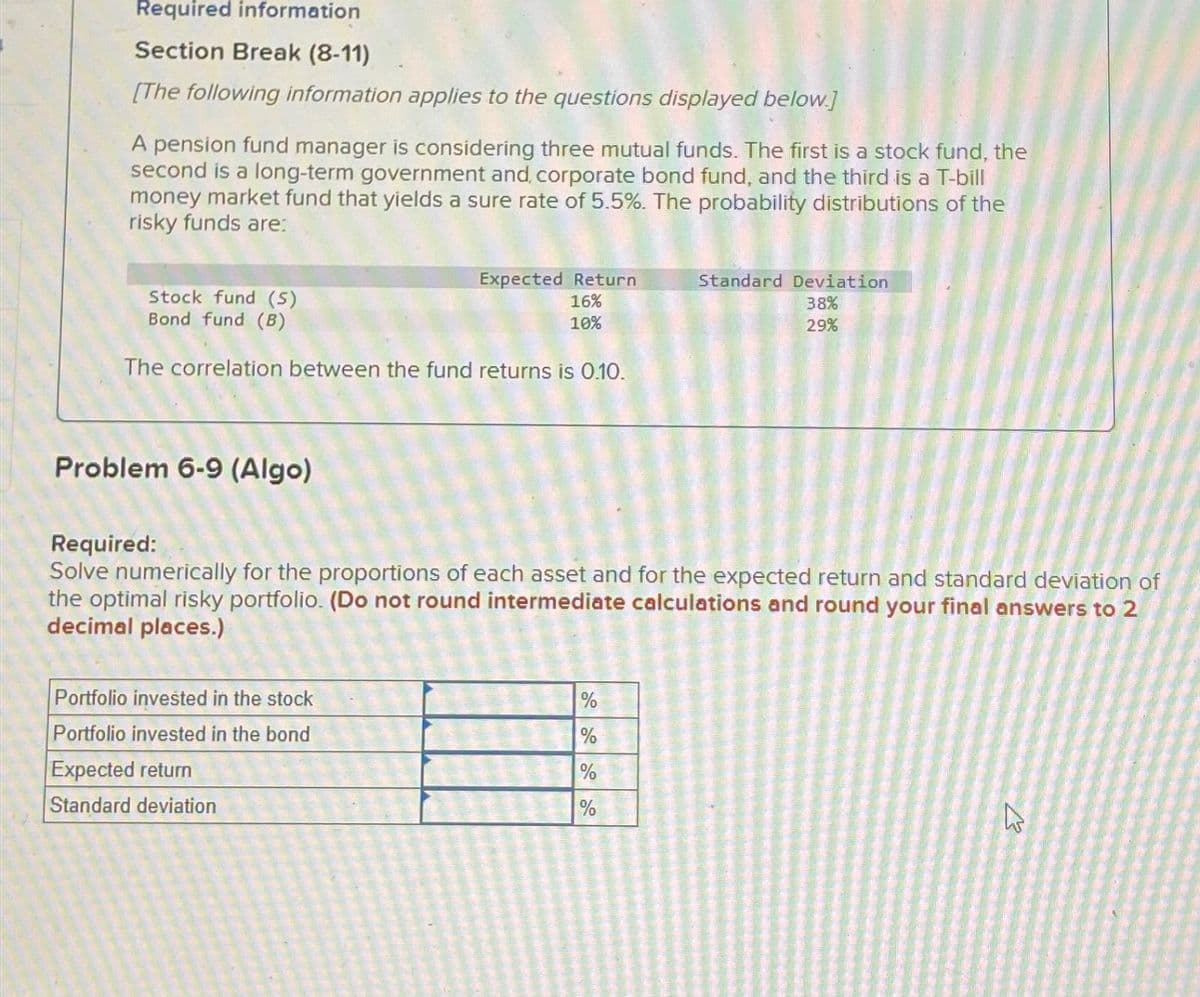 Required information
Section Break (8-11)
[The following information applies to the questions displayed below.]
A pension fund manager is considering three mutual funds. The first is a stock fund, the
second is a long-term government and, corporate bond fund, and the third is a T-bill
money market fund that yields a sure rate of 5.5%. The probability distributions of the
risky funds are:
Stock fund (5)
Bond fund (B)
Expected Return
16%
10%
Standard Deviation
38%
29%
The correlation between the fund returns is 0.10.
Problem 6-9 (Algo)
Required:
Solve numerically for the proportions of each asset and for the expected return and standard deviation of
the optimal risky portfolio. (Do not round intermediate calculations and round your final answers to 2
decimal places.)
Portfolio invested in the stock
Portfolio invested in the bond
Expected return
Standard deviation
%
%
%
%
13