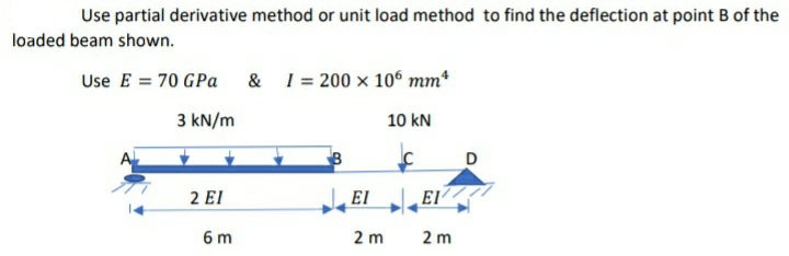 Use partial derivative method or unit load method to find the deflection at point B of the
loaded beam shown.
Use E = 70 GPa & 1 = 200 × 10° mm*
3 kN/m
10 kN
D
2 EI
EI EI
6 m
2 m
2 m
