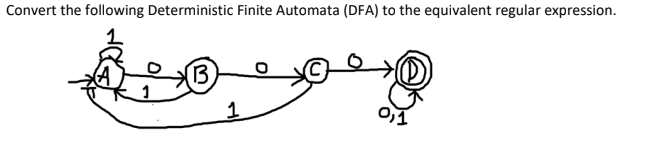 Convert the following Deterministic Finite Automata (DFA) to the equivalent regular expression.
(13
1
0,1
