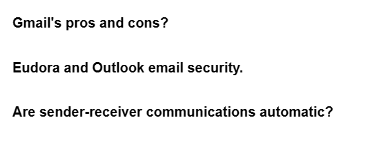 Gmail's pros and cons?
Eudora and Outlook email security.
Are sender-receiver communications automatic?